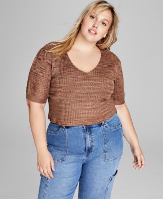 And Now This - Trendy Plus Size Space-Dyed Puff-Sleeve Top