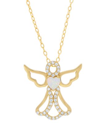 Macy's - Lab-Created Opal (1/6 ct. t.w.) & Cubic Zirconia Heart Angel 18" Pendant Necklace in 14k Gold-Plated Sterling Silver