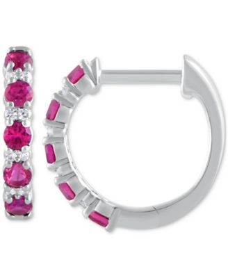 Macy's - Emerald (3/8 ct. t.w.) & Diamond (1/20 ct. t.w.) Small Hoop Earrings in 14k White Gold, 1" (Also in Sapphire & Ruby)