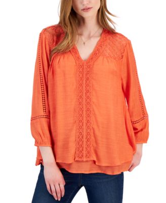 Style & Co - Petite Long-Sleeve V-Neck Lace-Trim Top