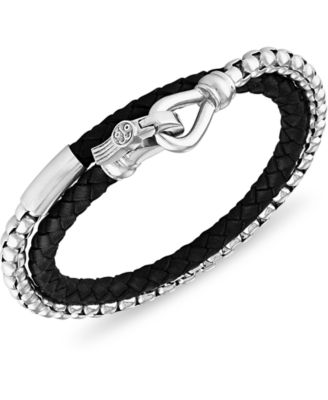 Esquire Men's Jewelry - Black Leather Wrap Bracelet in Stainless Steel (also in Brown Leather)