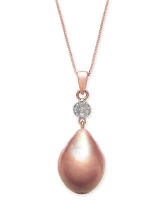 Macy's - Cultured Pink Baroque Freshwater Pearl (12mm) & Diamond (1/20 ct. t.w.) 18" Pendant Necklace in 14k Rose Gold