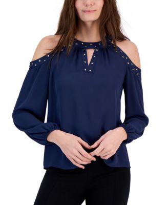 I.N.C. International Concepts - Petite Cold-Shoulder Studded Keyhole-Neck Top